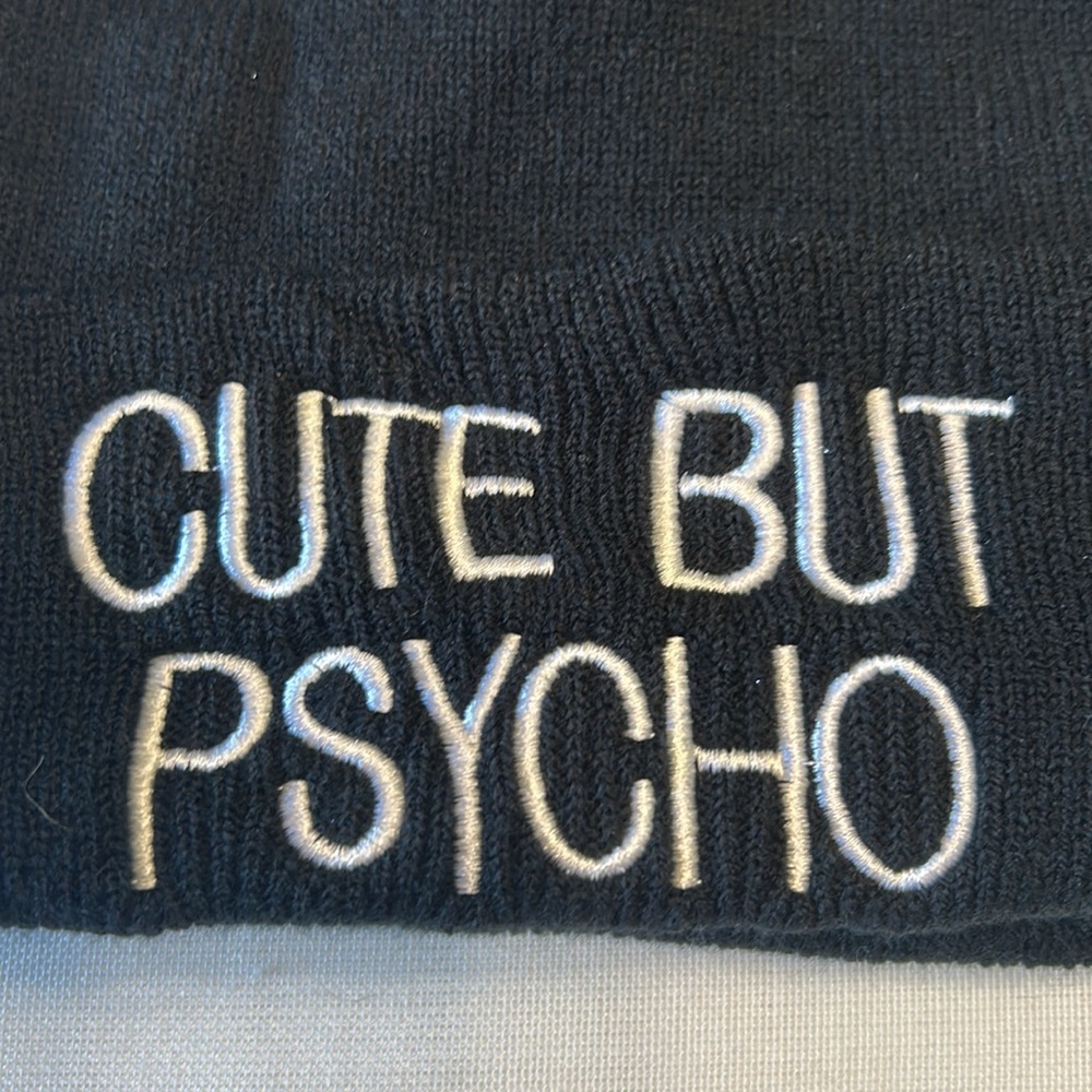 CUTE BUT PSYCHO NWOT‼️ Black Beanie with White Embroidery - Picture 2 of 4